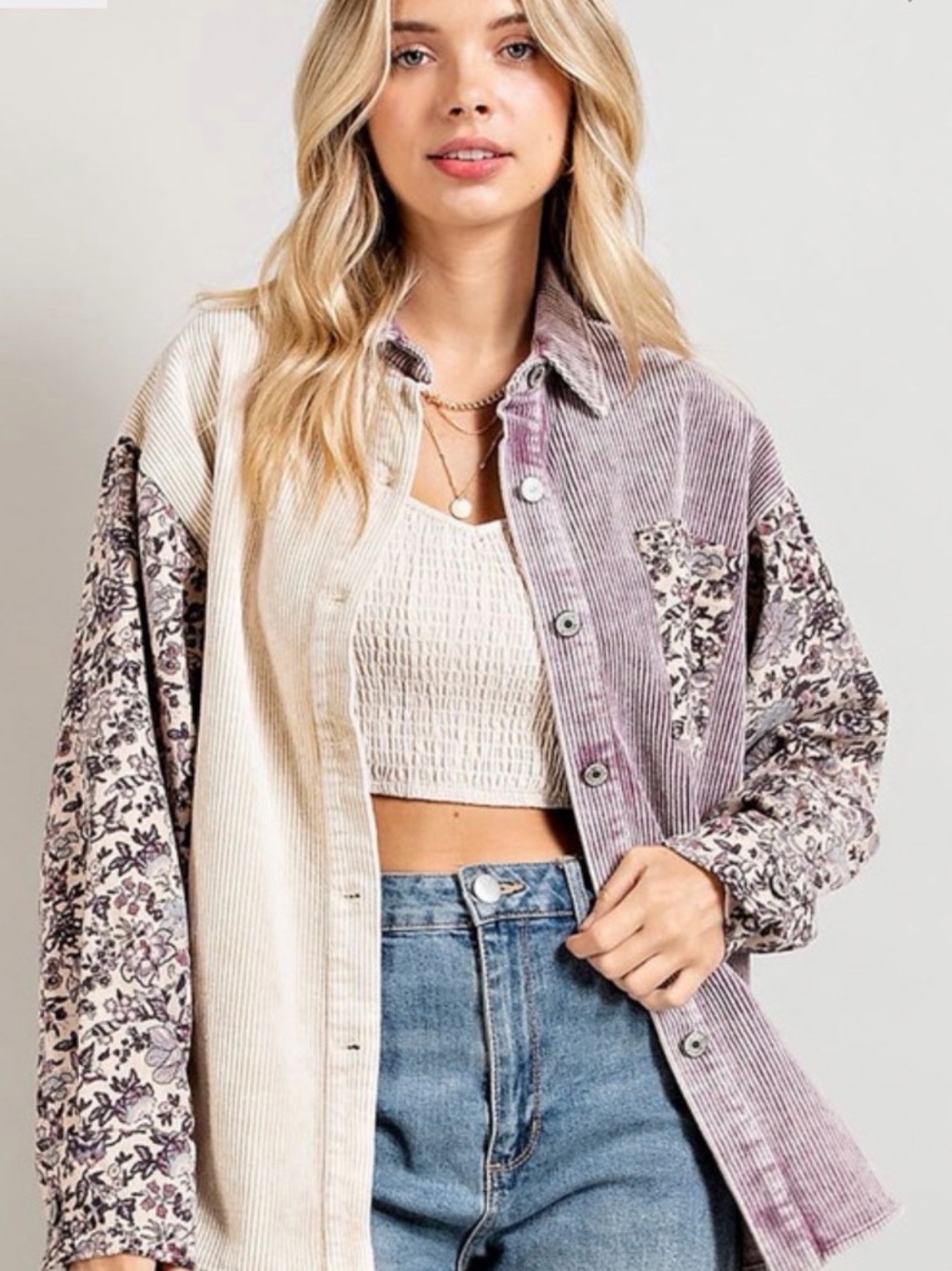 Button-Front Corduroy & Floral Patchwork Shirt Jacket - Cream & Lavender